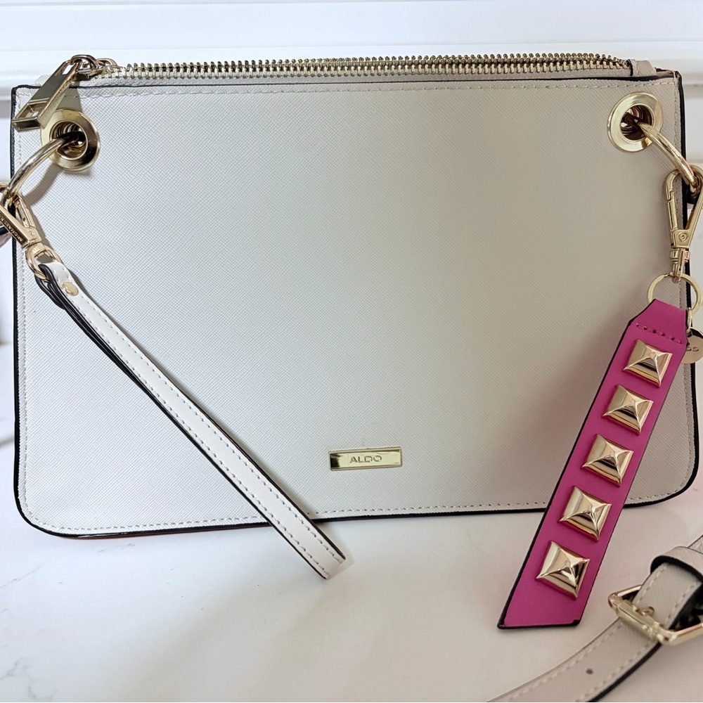 ALDO Cream Crossbody Bag or Clutch with Pink Studded Strap